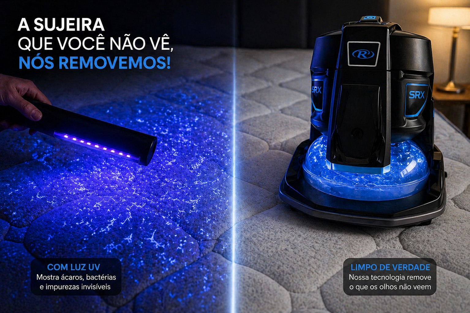 Luz UV mostrando sujidade invisível no colchão